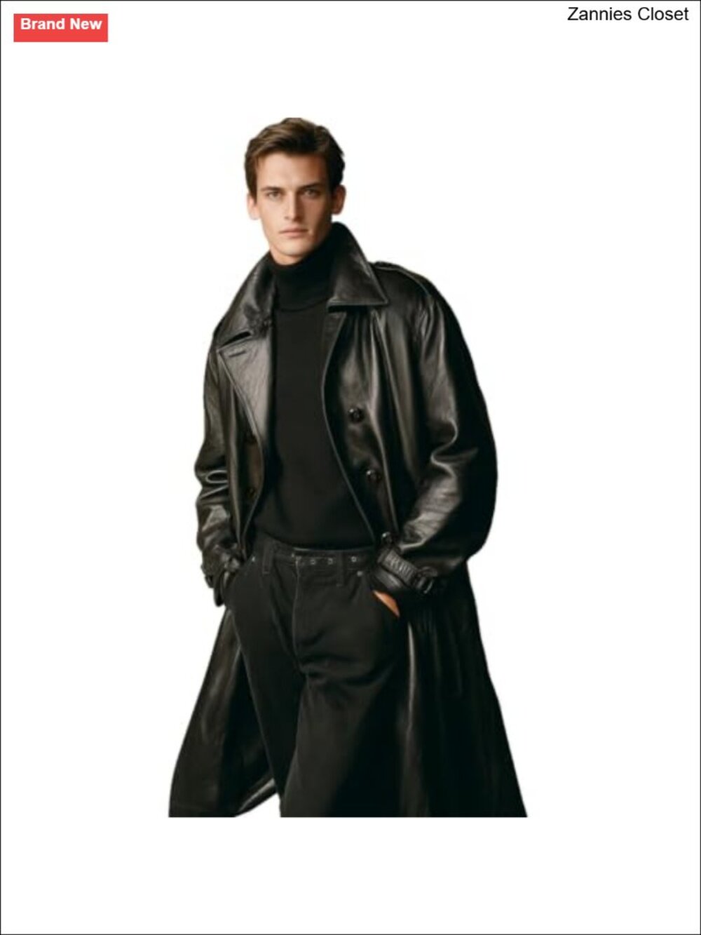 Mens Real Cowhide Leather Trench Coat Slim Fit Double Breasted